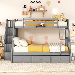 Modern Twin-Over-Full Bunk Bed with Headboard, Solid Wood Children Bunk Bed, with Storage Staircase and 3 Drawers
