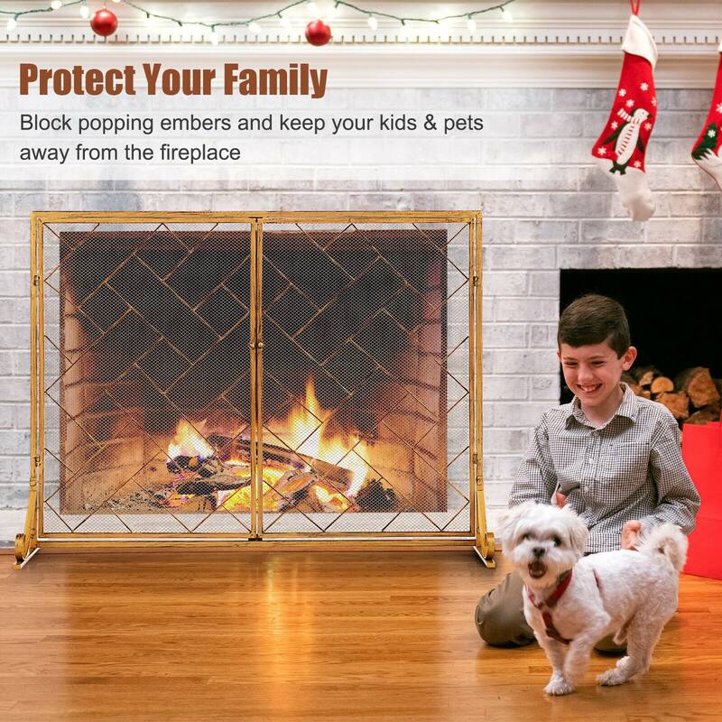 3-Panel Folding Wrought Iron Fireplace Screen with Doors and 4 Pieces Tools Set - 44.5" x 16" x 33.5" (L x W x H)