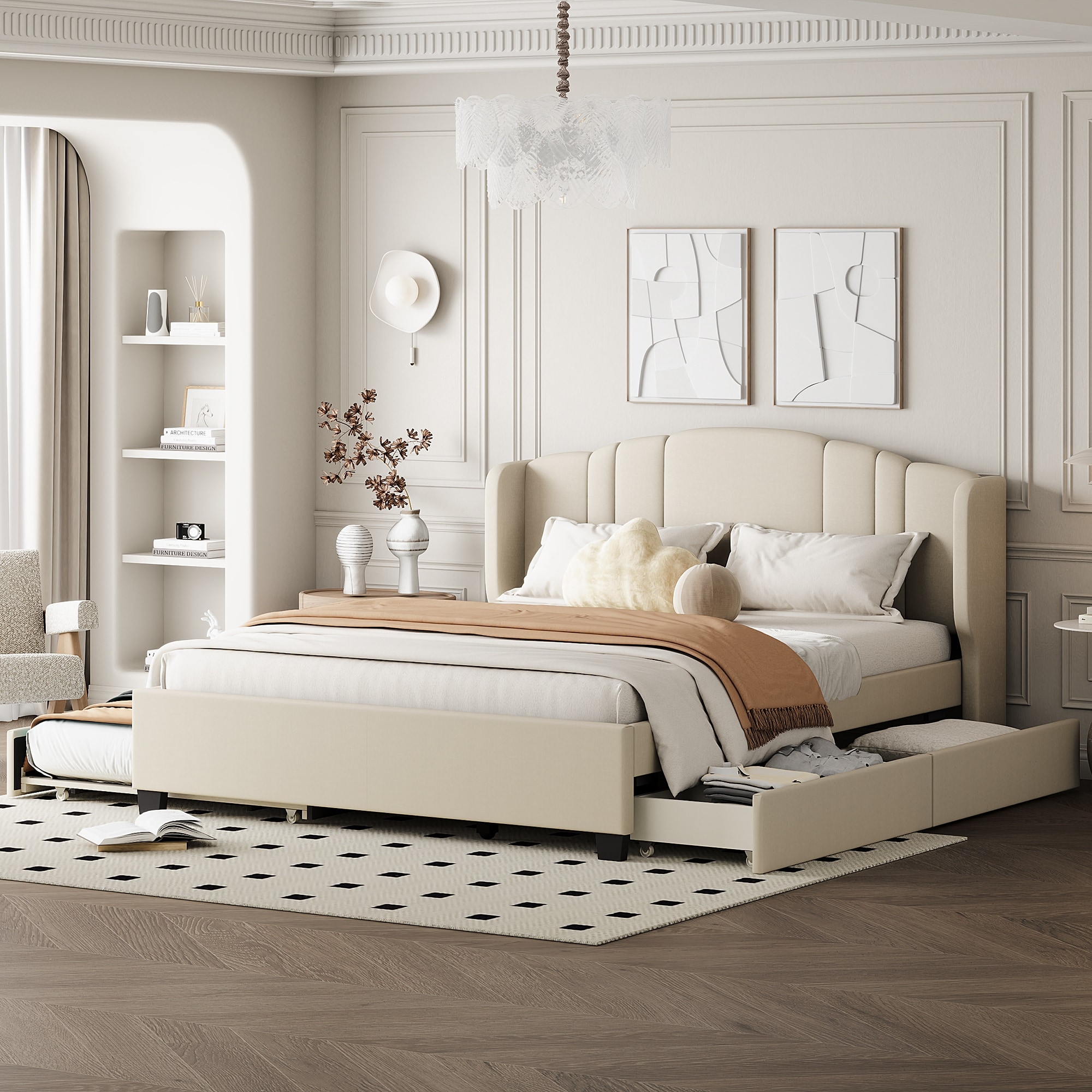 Queen Size Upholstered Bed Frame with Wingback Headboard Trundle and 2 Drawers, Center Support Legs Platform Bed Frame