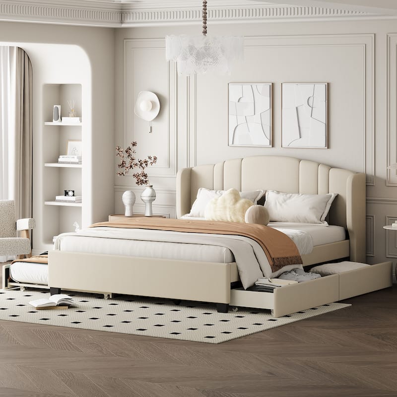 Queen Size Upholstered Bed Frame with Wingback Headboard Trundle and 2 Drawers, Center Support Legs Platform Bed Frame - Beige - Queen