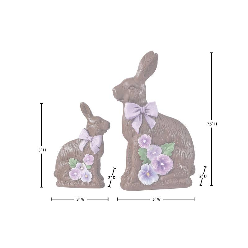 5-7.5" Resin Chocolate Bunny With Pansy Set of 2