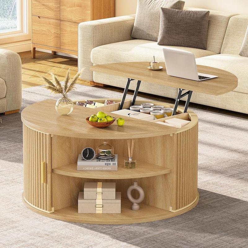 Round Lift Top Coffee Table 180 Grad Curved Sliding Door Living Room