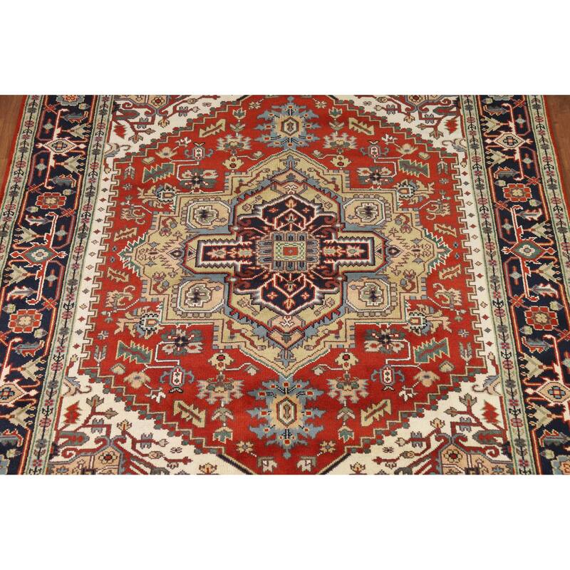 Medallion Heriz Serapi Indian Area Rug Hand-Knotted Wool Carpet - 7'11" x 9'10"