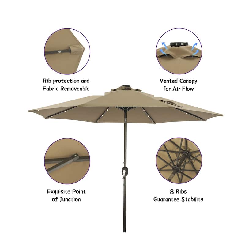 9 ft. Aluminum Market High Quality Solar LED Light Tilt Patio Beach Umbrella