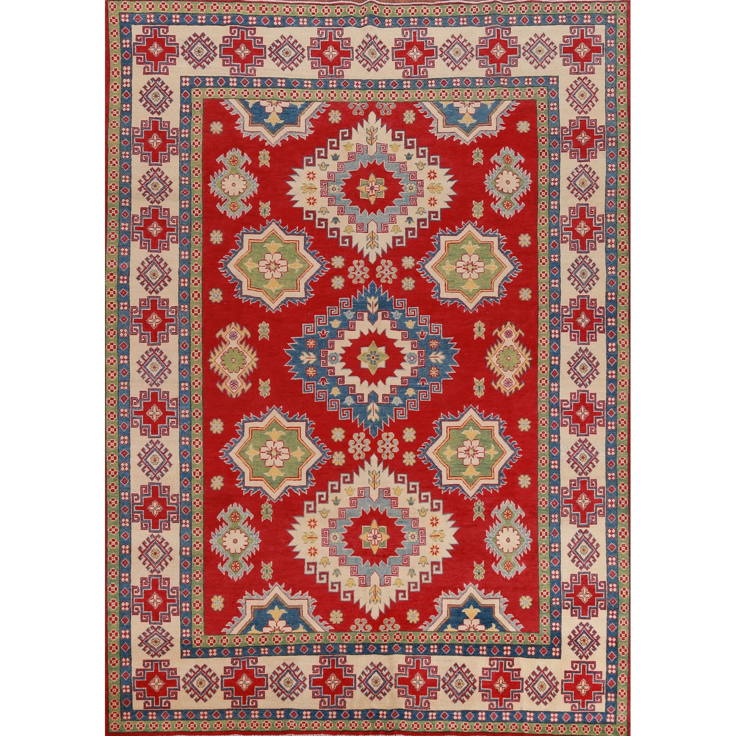 Hand Knotted Oriental 100% Wool Carpet Traditional Geometric Red Kazak Area Rug - 10' 10'' X 8' 3''