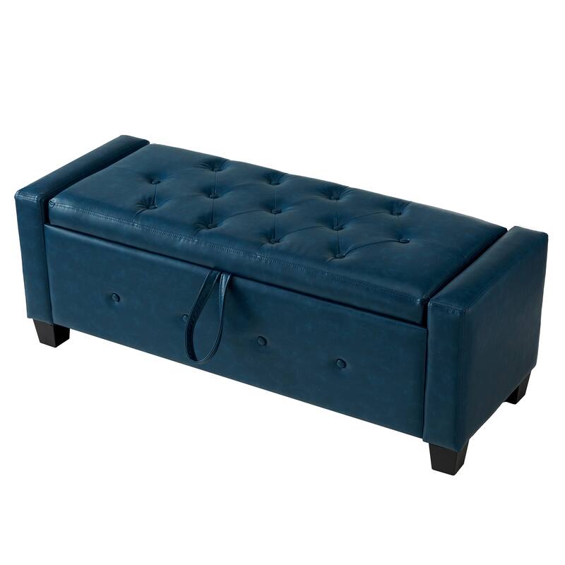 Tufted Faux Leather Storage Ottoman Bench for Bedroom, Living Room & Hallway, 48" Multifunctional Upholstered End of Bed Bench