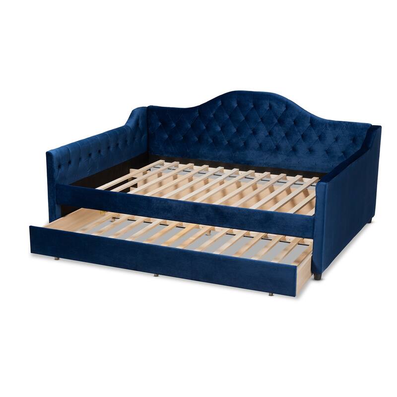 Full Size Daybed with Trundle - Navy Blue Velvet Upholstered Modern Design - Space Saving Furniture