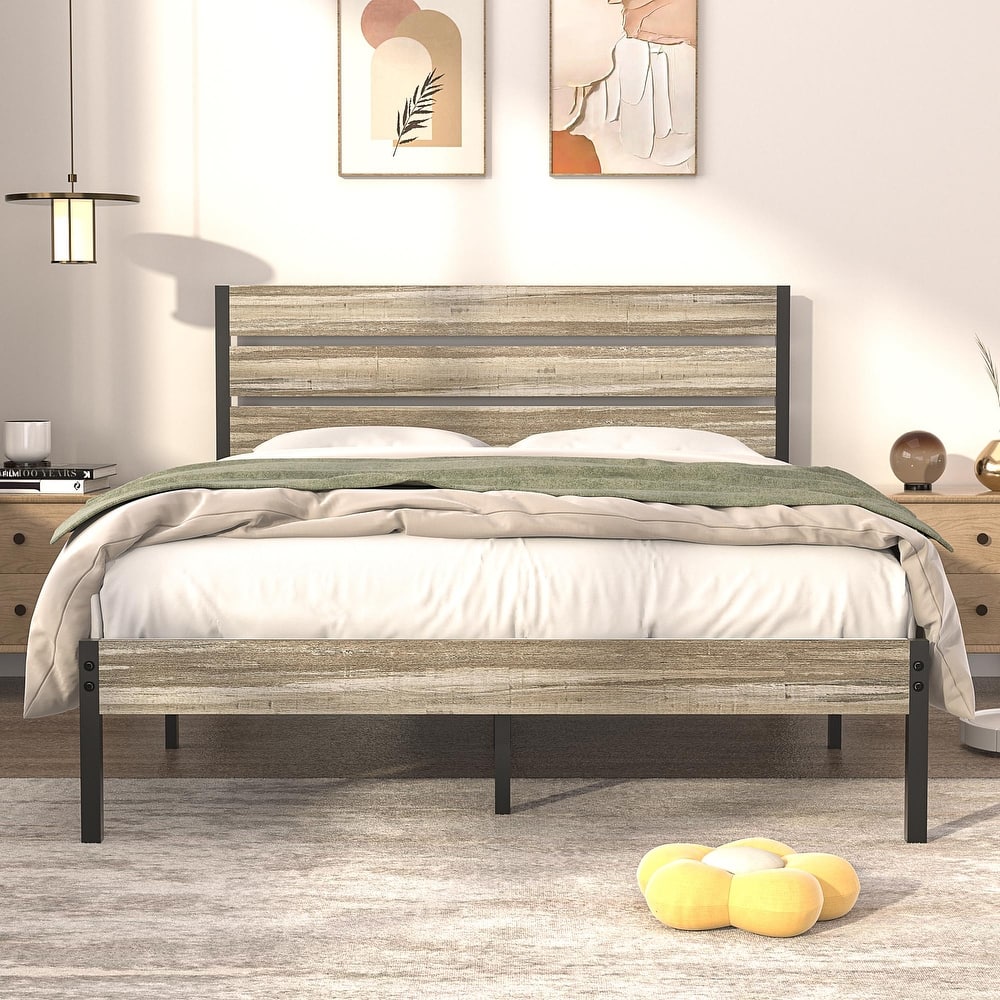 VECELO Industrial Wood Waterproof Headboard Bed Frame Quiet Heavy-Duty No Box Spring Needed Easy Assembly Bed Frame