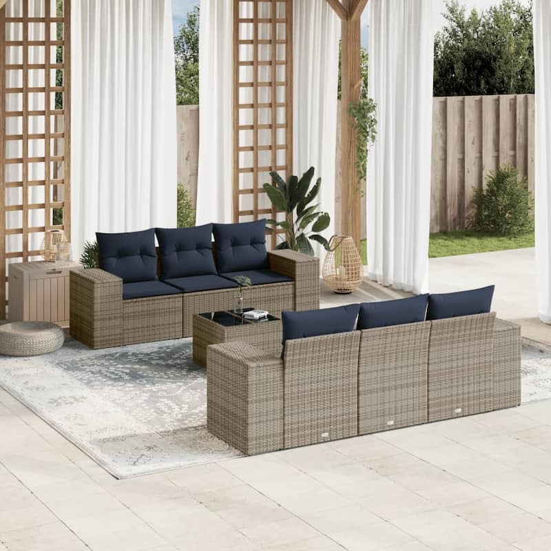 vidaXL 7 Piece Patio Sofa Set with Cushions Black Poly Rattan - 21.7" x 24.4" x 27.2" - Grey