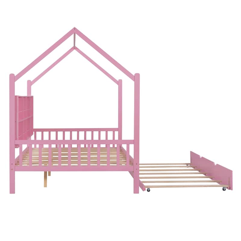 Pine House Bed with Trundle & Storage Shelf