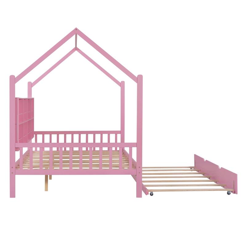 Pine Kids House Platform Bed with Trundle, Shelf, and Roof