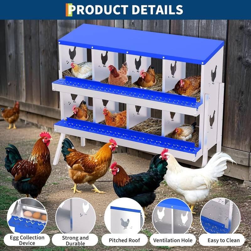 8 Compartment Metal Chicken Nesting Box, Laying Box for Hens Ducks Rabbits, Blue