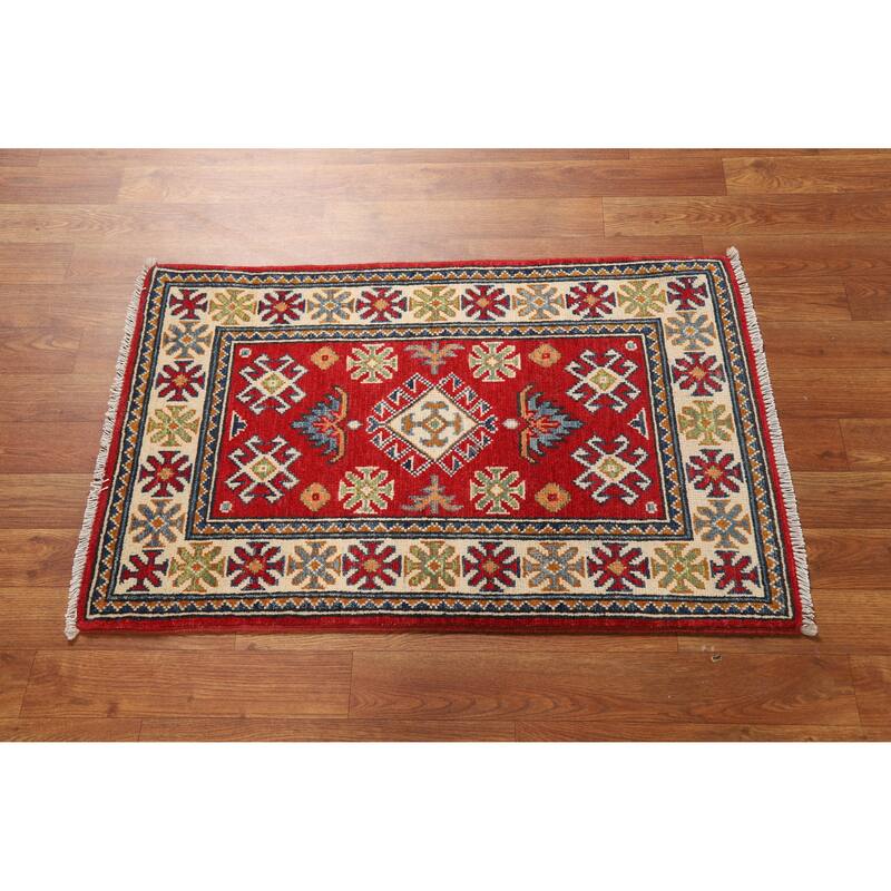 Hand Knotted Oriental 100% Wool Carpet Traditional Geometric Red Kazak Area Rug - 3' 0'' X 2' 0''