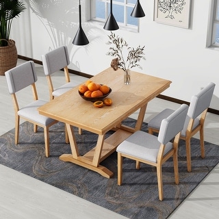 Rustic 5-Piece Rectangular Dining Table Set with 4 Linen Chairs - Bed ...