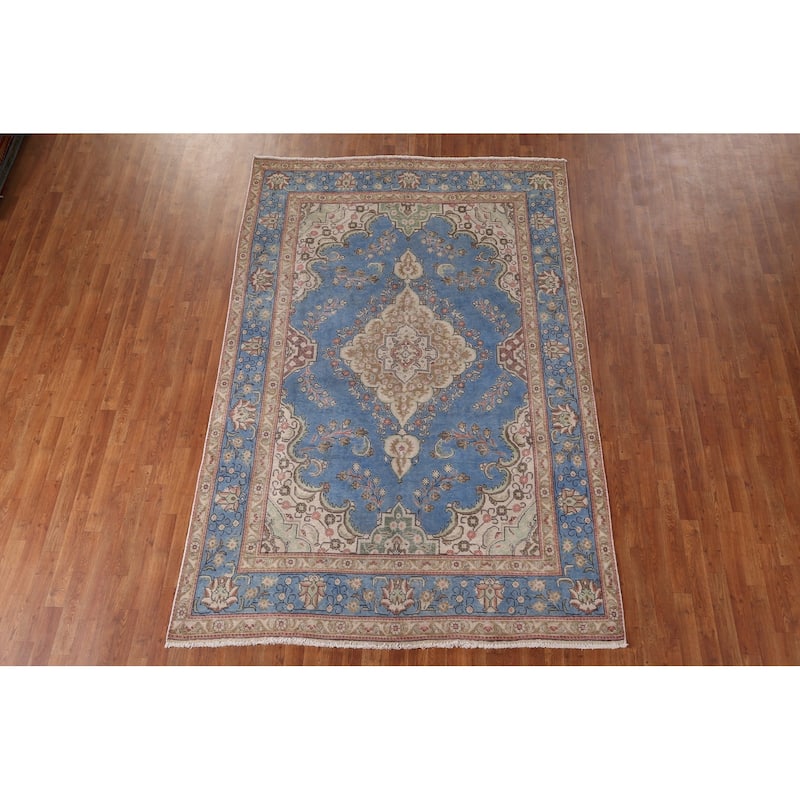 Blue Tabriz Persian Vintage Area Rug Handmade Wool Carpet - 6'6" x 9'10"