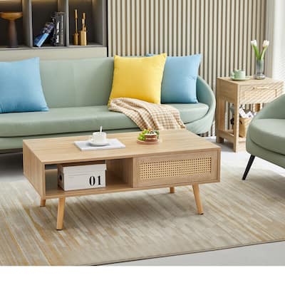 Console Table Coffee Table with Sliding Rattan Door Dining Table