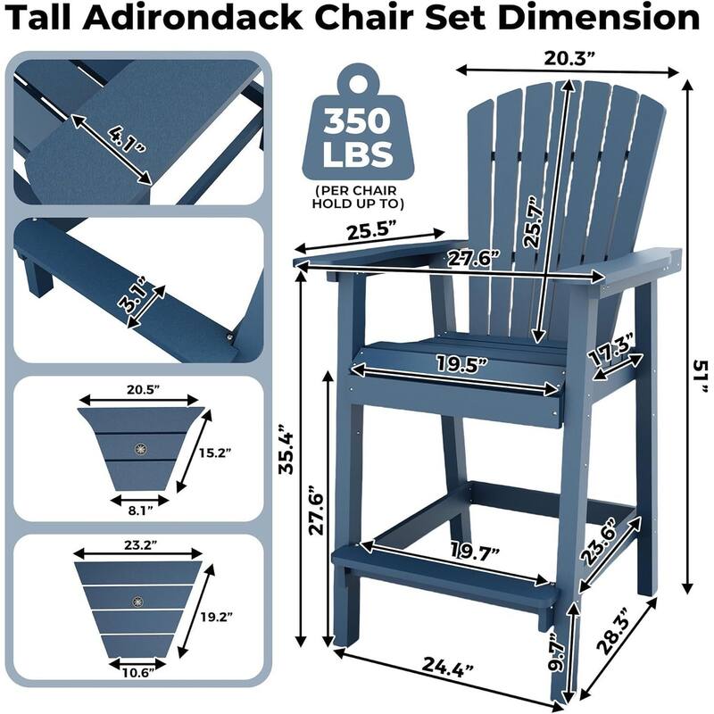 Set of 2 High Adirondack Chairs, Barstools for Deck, Patio, Balcony