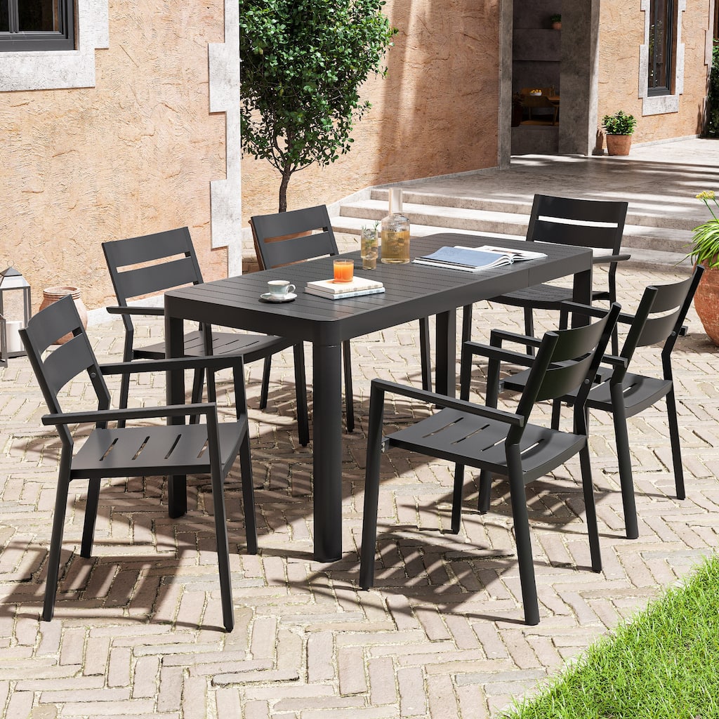 5/7 Pieces Patio Dining Set with Aluminum Stackable Chairs and 1 Expandable Rectangle Table
