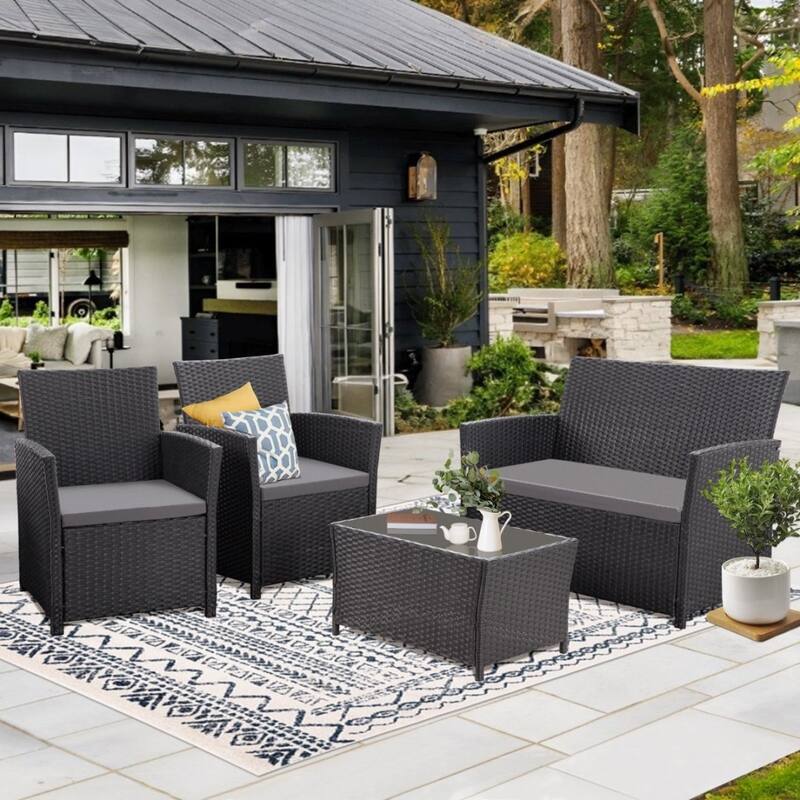 4 PCS Wicker Patio Conversation Set Rattan Seating Sofa Chair