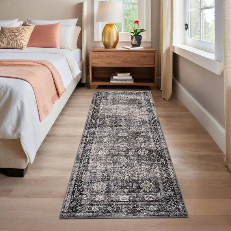 Area Rug Vintage Washable Floral Distressed Living Room Rugs, Soft Low Pile Non-Slip Rugs for Bedroom