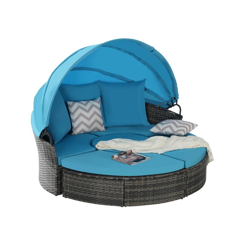 Outdoor Round Daybed with Retractable Canopy, Cushions, Table,Set of 5