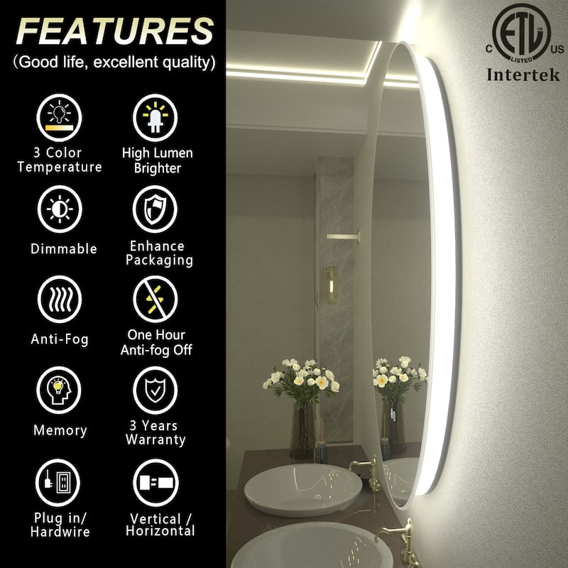 KIOTEE Oval Backlit LED Lighted Anti-Fog Bathroom Vanity Mirror with ETL and 3-Year Warranty