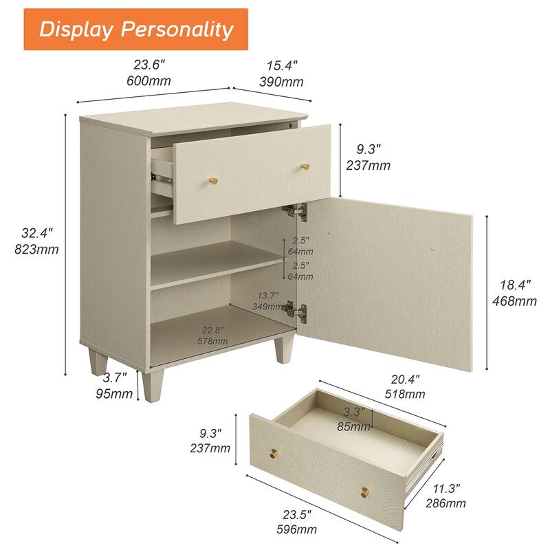 Bedroom Night Stand Bedside Table with Drawer and Cabinet, 32.4"H