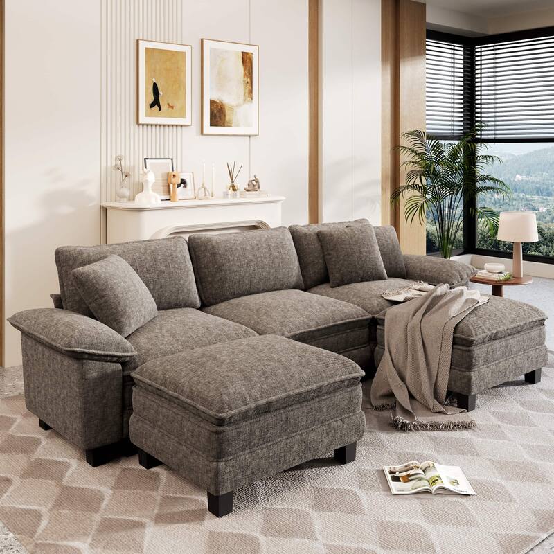MAISON ARTS Modular Cloud Sectional Sofa, Comfy L- or U-Shaped Couch with Ottomans & Pillows, 4–6 Seat Living Room Sofa - Smoky Grey Chenille(5 Pieces) - Symmetrical