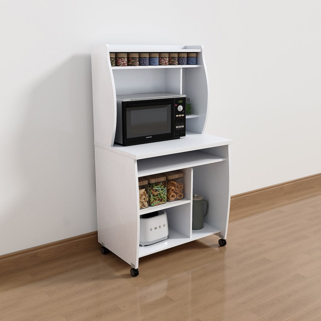 Microwave cart computer cart utility cart with hutch shelves spice rack mobile on locking castors white
