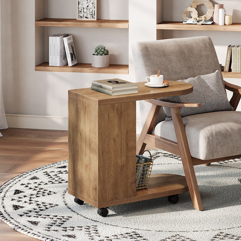 C Shaped Sofa Side Table, Mobile Bedside End Table with Storage