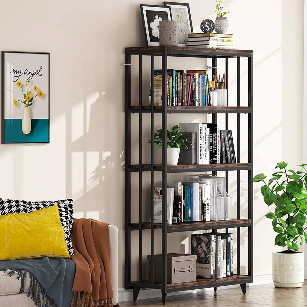 Industrial Bookshelf, 5-Tier Bookcase Rustic Wood Moden Ladder Shelf - 31.5"D x 11.81"W x 5.12"H