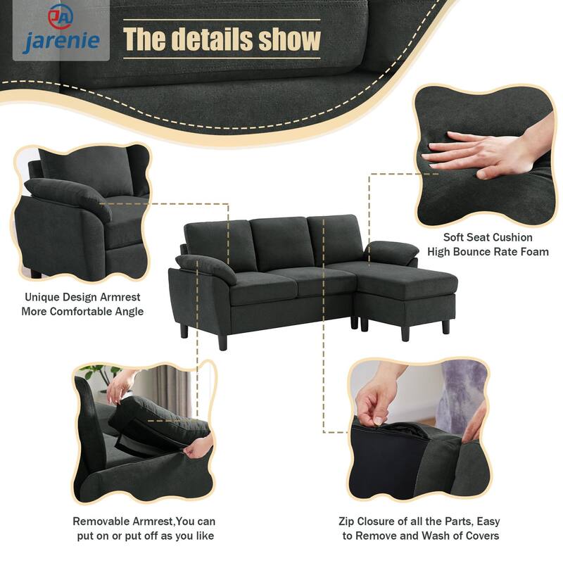 Modern Sectional Sofa Couch L Shaped with Removable Armrest, Convertible Couch with Reversible Ottoman for Living Room