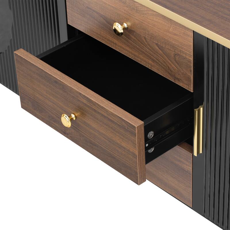 Modern Minimalist TV Stand, for TVs up to 80 Inches with 3 Drawers, Metal Handles and 2 Cabinets, for Living Rooms, Black