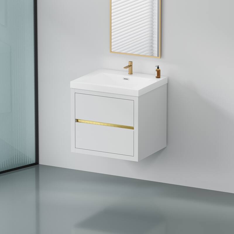 24" White Wall-Mounted Bathroom Vanity with Soft Close Drawers and Top