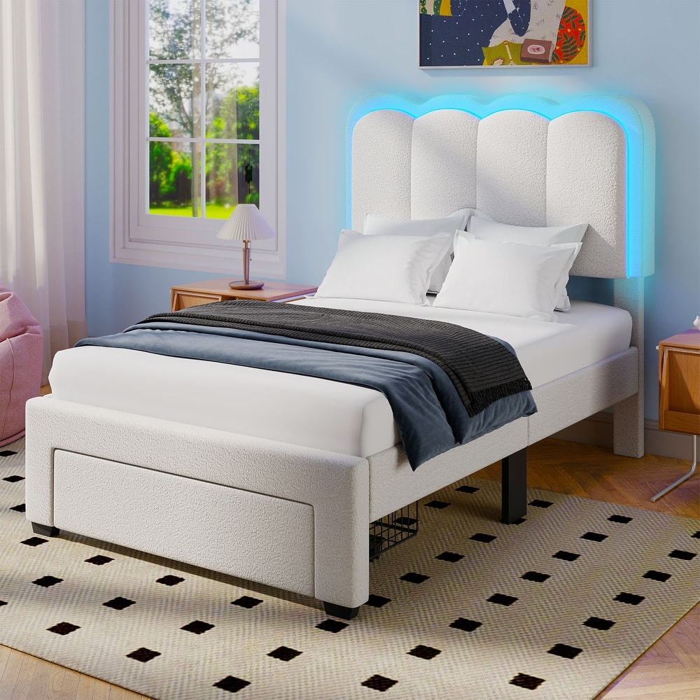 Adjustable Headboard Lamb Wool Bed Frame with Drawer and Charging Station & LED Lights