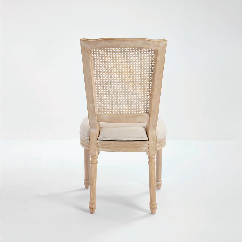 Set of 2 French Country Dining Chairs, Upholstered with Natural Rattan T-Shaped Back