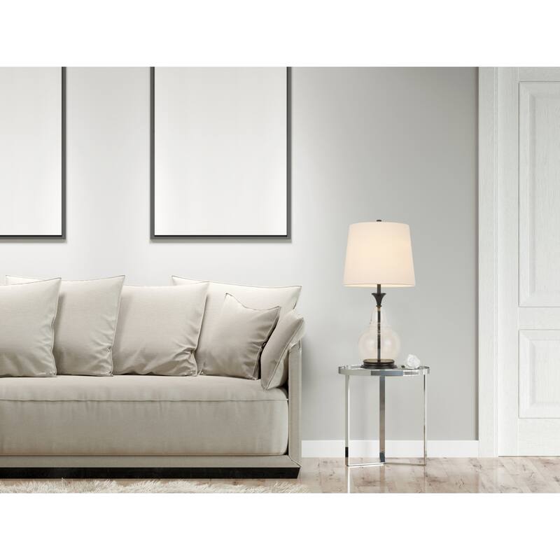 Clear and Black Metal Table Lamp with White Linen Empire Shade and 3 Way Switch - 14” x 14” x 28” (D x W x H)