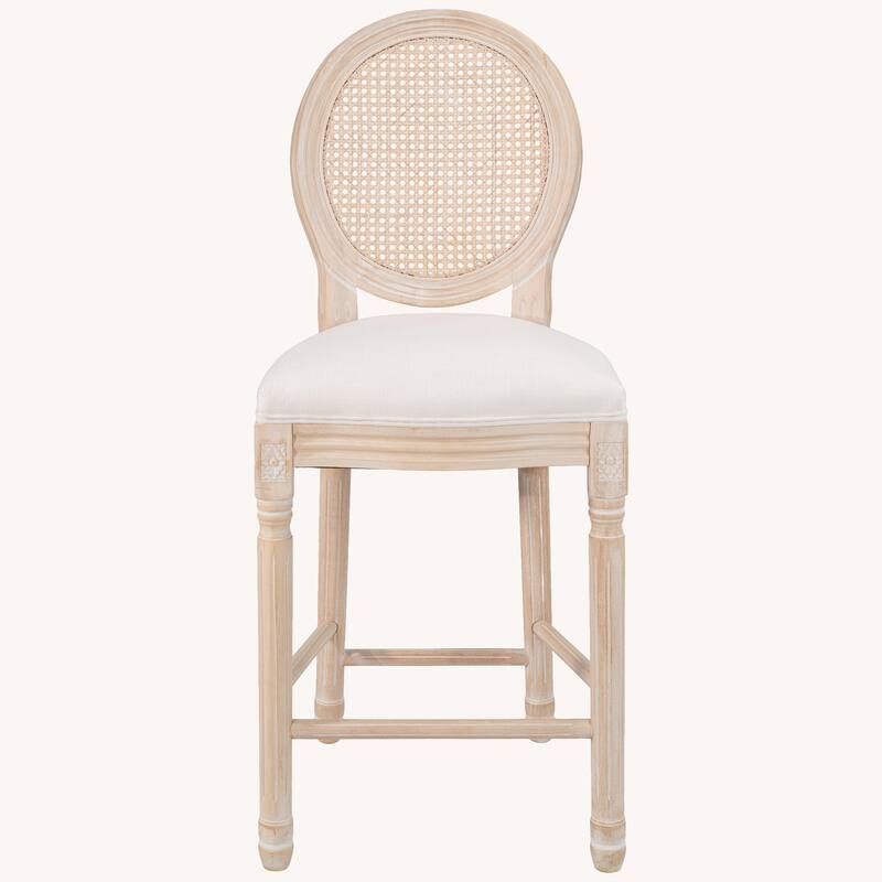 French Country Wooden Bar Stools Set of 2, Rattan Back with Beige & Natural Upholstered Seating