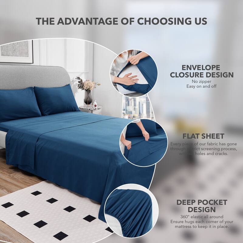Deconovo 4-Piece Ultra-Soft Bed Sheet Set, 1800 Thread Count, Deep Pockets
