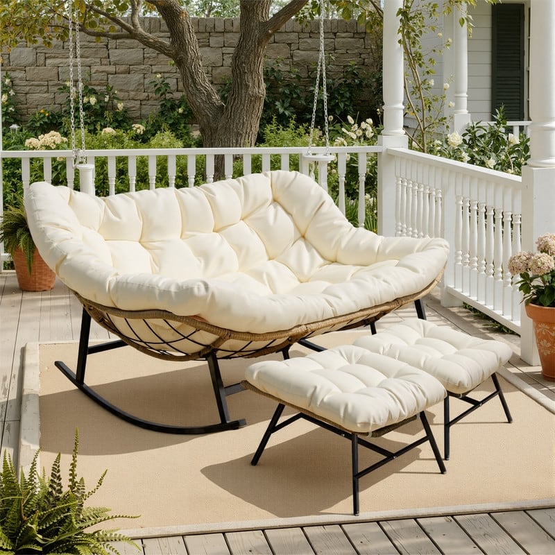 FINCATI Oversized Double Rocking Chair Outdoor Indoor, 40" D x 58" W Double Papasan Rocking Chair with Padded Cushion