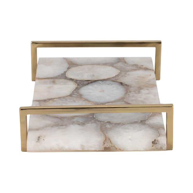 Rectangle Agate Tray with Metal Handles -Home Decor - 14", Ivory & Tan - 14.0"