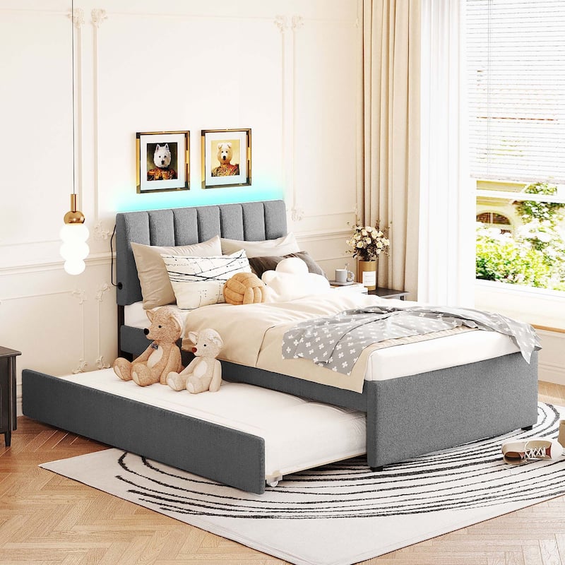 Teddy Fleece Twin Size Upholstered Platform Bed with Trundle