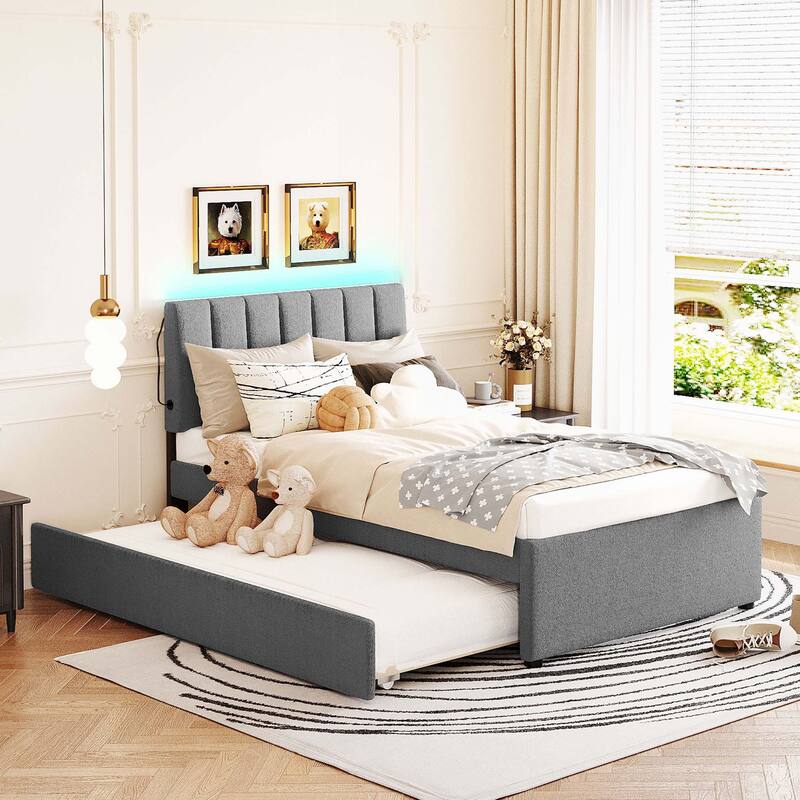 Upholstered Platform Bed with Trundle Teddy Fleece Fabric