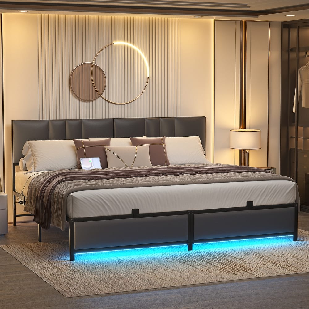 Upholstered Bed Frame with Height Adjustable Headboard,with RGB LED Light and Charging Hub
