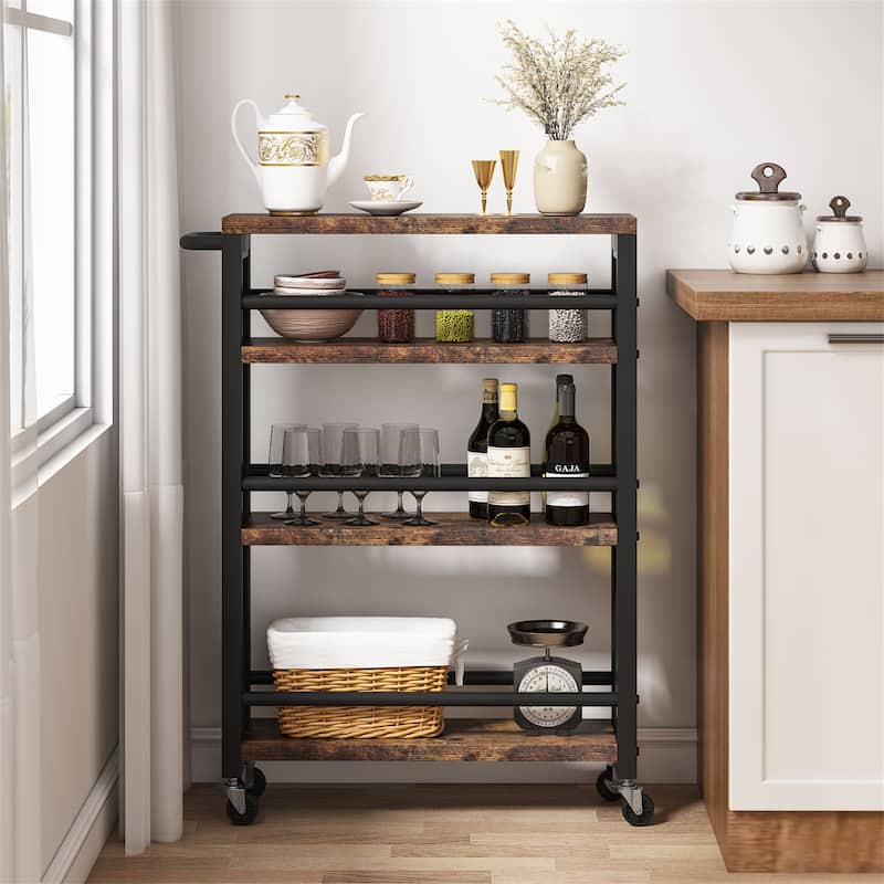 Brown Narrow Rolling Kitchen Storage Cart with Wheels, 4 Tiers Slim Serving Trolley Utility Carts with Handle for Small Space
