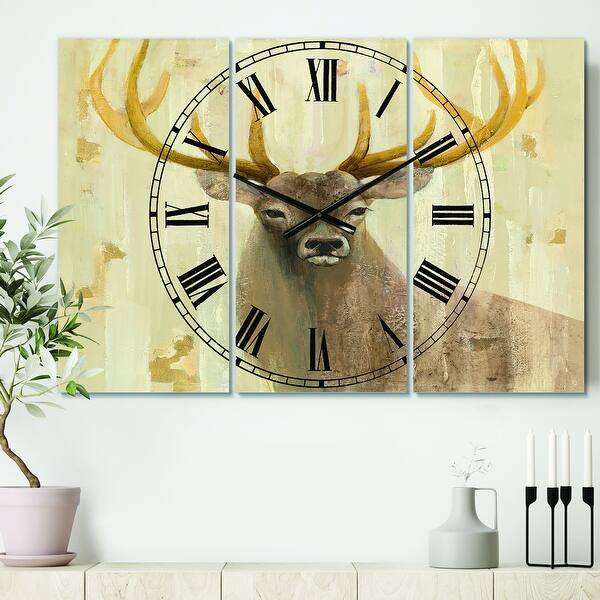 slide 2 of 6, Designart 'Goldern Deer III' Cottage 3 Panels Large Wall CLock - 36 in. wide x 28 in. high - 3 panels