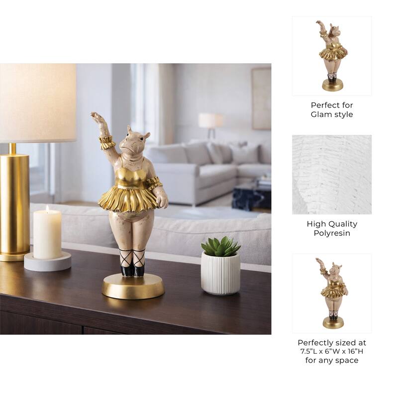 Decorative Ballerina Resin Hippo Figurine with Base - 16", Gold & Gray - 15.75"