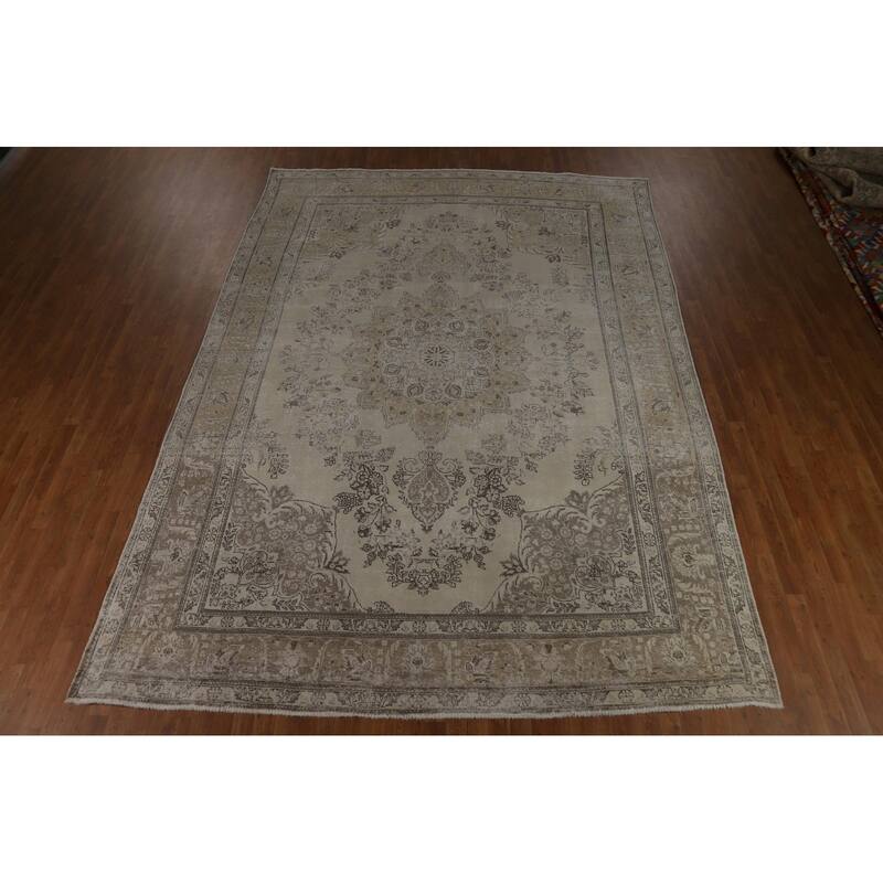 Tabriz Persian Vintage Area Rug Hand-Knotted Beige Wool Carpet - 9'6" x 13'4"