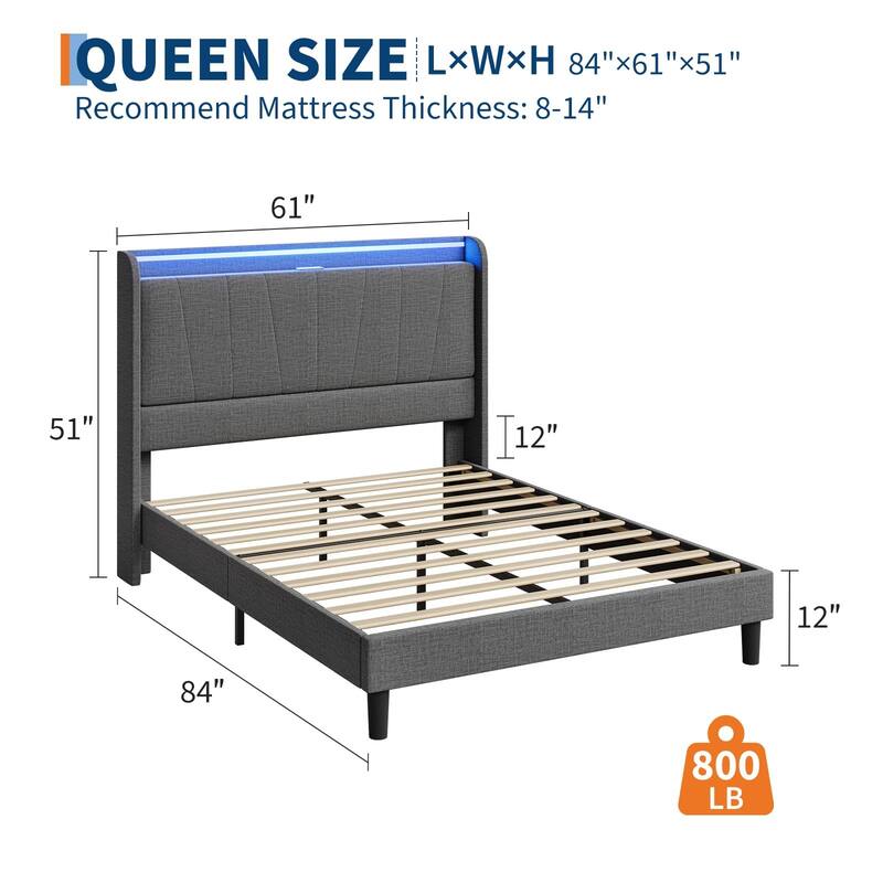 Twin Size Bed Frame with Charging Station and LED Lights, Modern Platform Bed with Slats