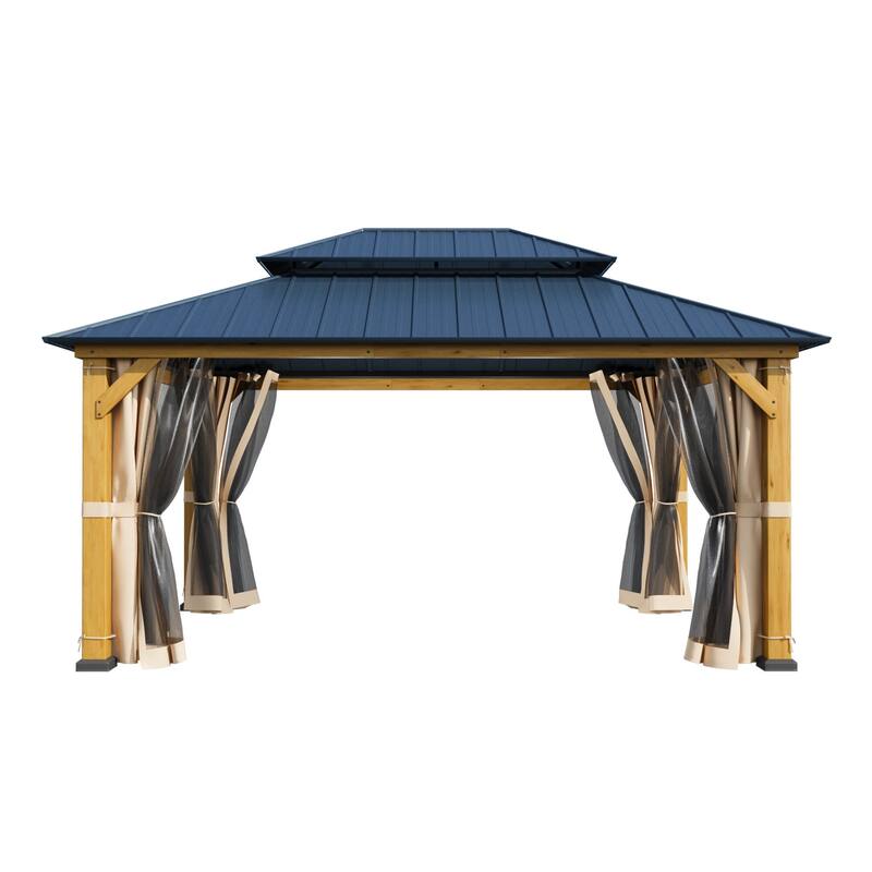 Hardtop Wood Gazebo for Patio, Outdoor Cedar/Spruce Pergola with Metal or Asphalt Roof, All-Weather Backyard Shelter